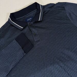 Eton Shirt Mens XXL Blue Long Sleeve Polo Slim Fit Herringbone Contemporary